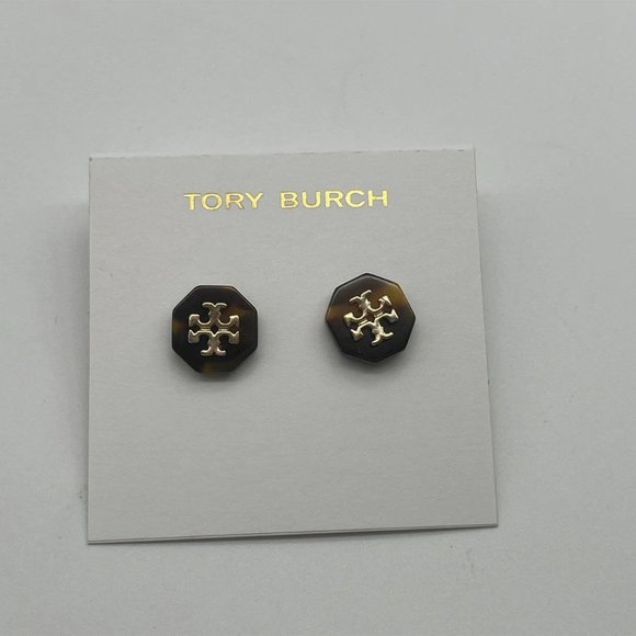 Tory Burch Octagon Brown Mixed Stone and Gold Signature Stud Earrings - Picture 1 of 9